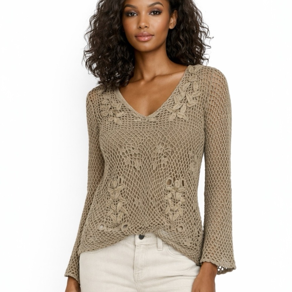 John Paul Richard Womens Beige Crochet Sweater Top PS Festival‎ Boho Cottagecore